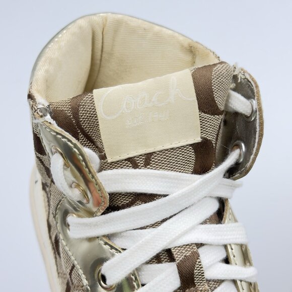 Coach Women's 8 Gold Signature C Logo Monogram High Top Canvas Sneakers - Picture 12 of 13